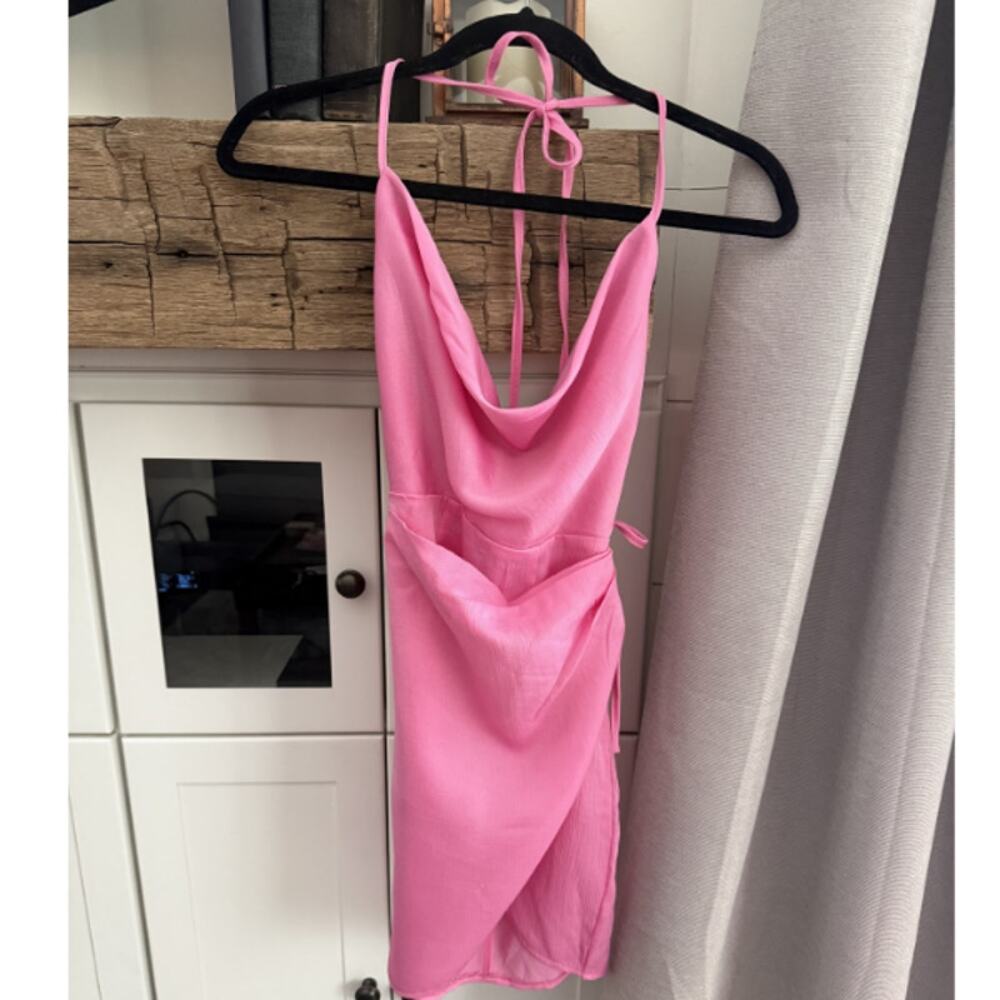 Princess Polly Hot Pink Halter Cowl Neck Wrap Tie Mini Dress Size 0 US